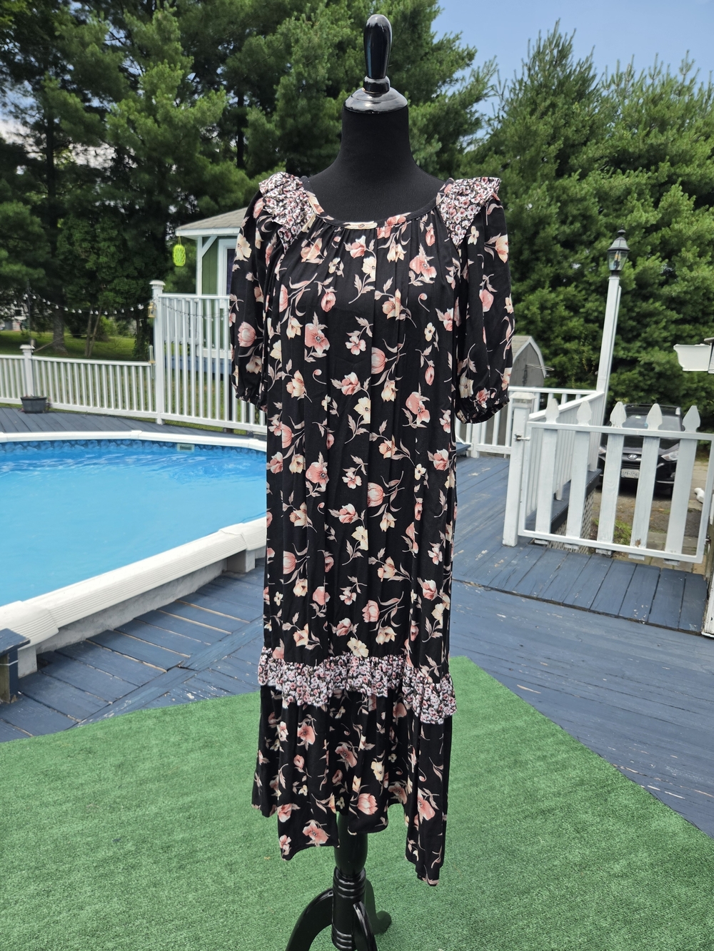 Black Floral Midi Dress with Pink Blooms